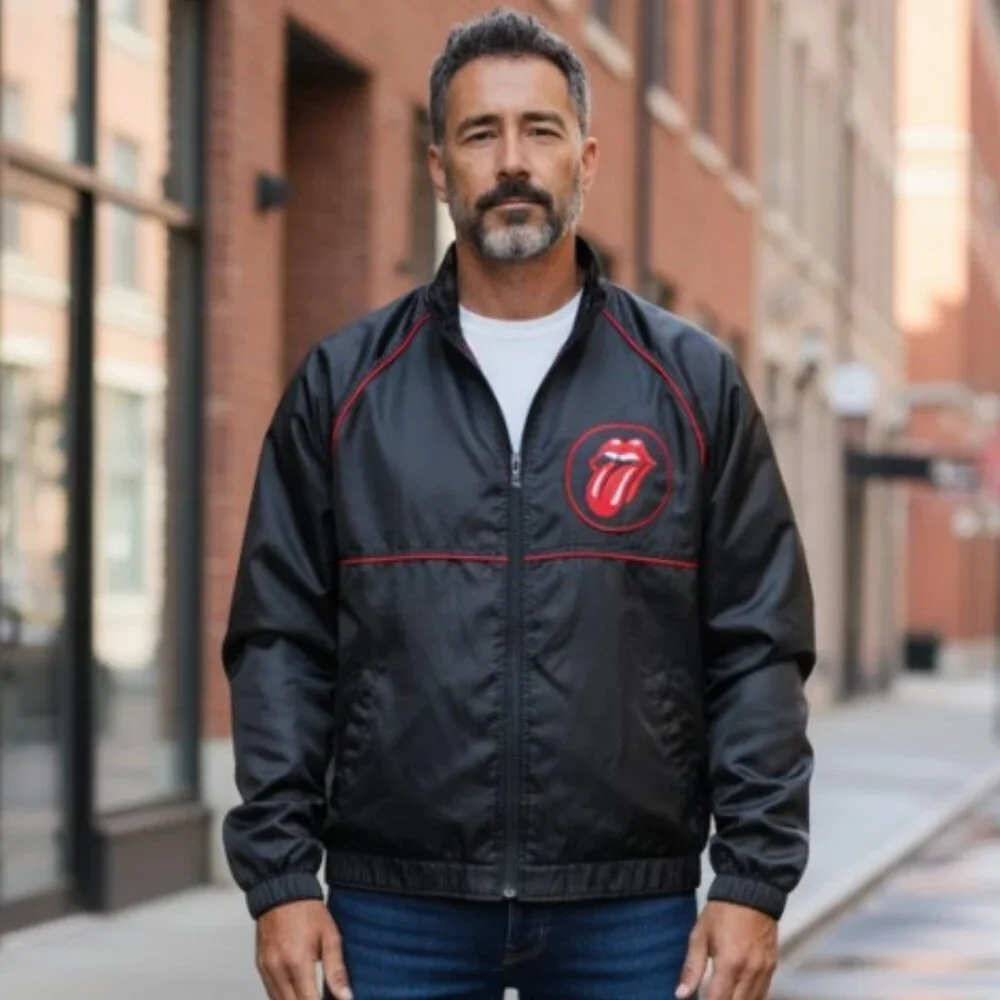Vintage 80’s Roadie Rolling Stones Bomber Jacket Black Satin Tongue Logo Rocker